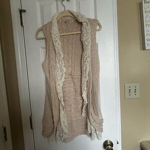 Anthropologie Knitted and Knotted by Beige Knit Vest with Delicate Lace Trim